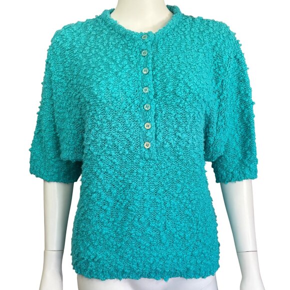 Evian Ltd Vintage Button-Up Textured Knit Sweater Turquoise Blue Size L 1980s - Picture 1 of 7
